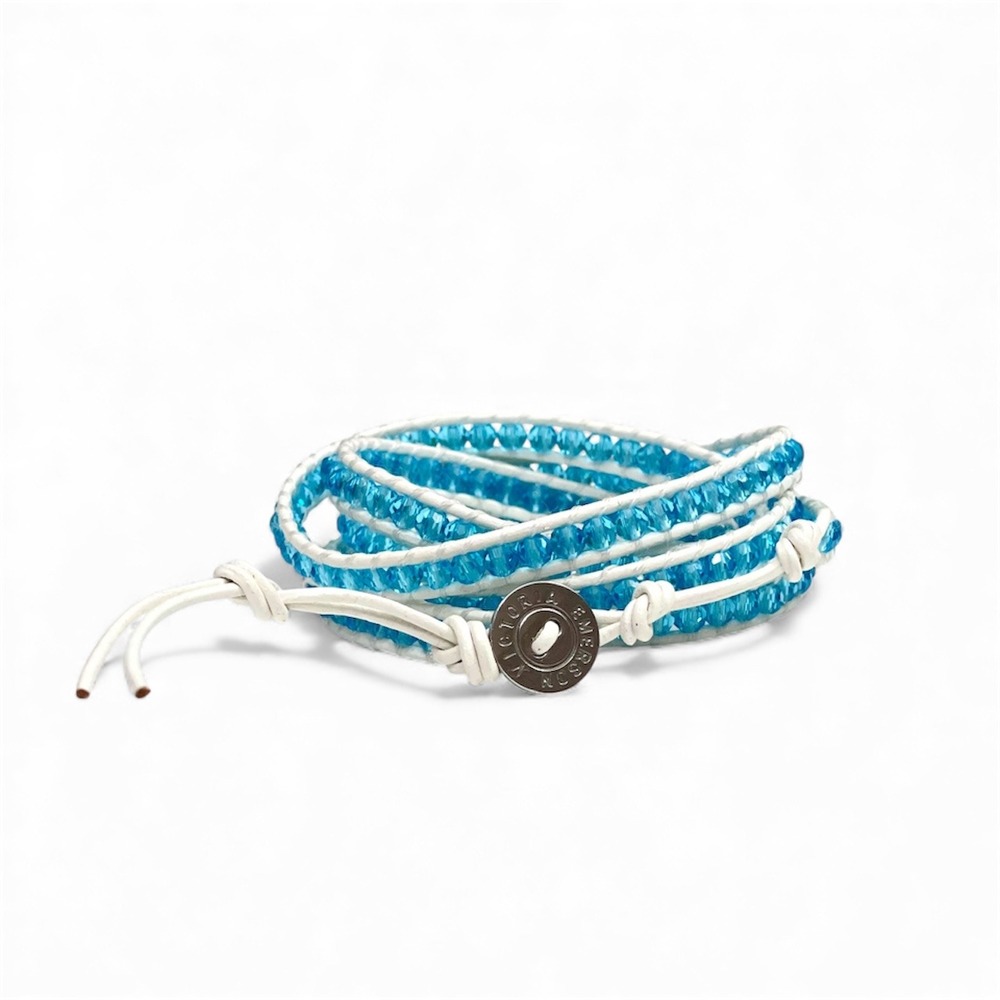 Victoria Emerson Wrap Bracelet Blue‎ Beads White Leather